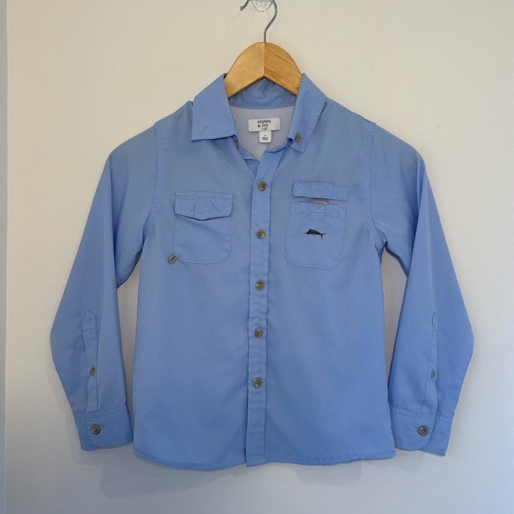CROWN & IVY Boys Blue Long Sleeve Fishing Shirt Preppy Southern Coastal Size 6